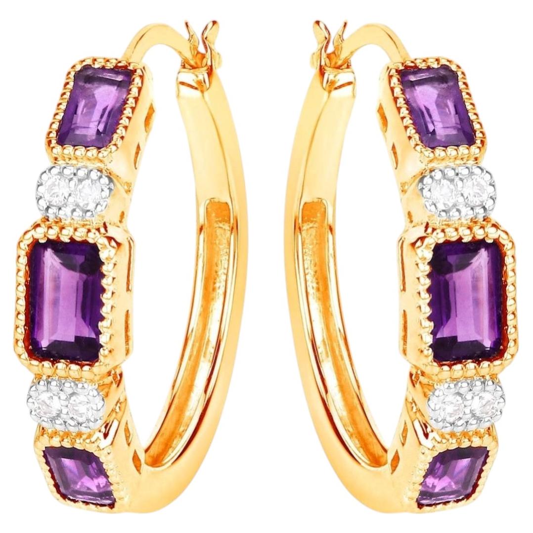 Amethyst Hoop Earrings With White Topaz 2.12 Carats Gold Plated Silver