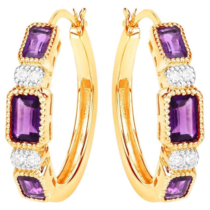 Amethyst Hoop Earrings With White Topaz 2.12 Carats Gold Plated Silver