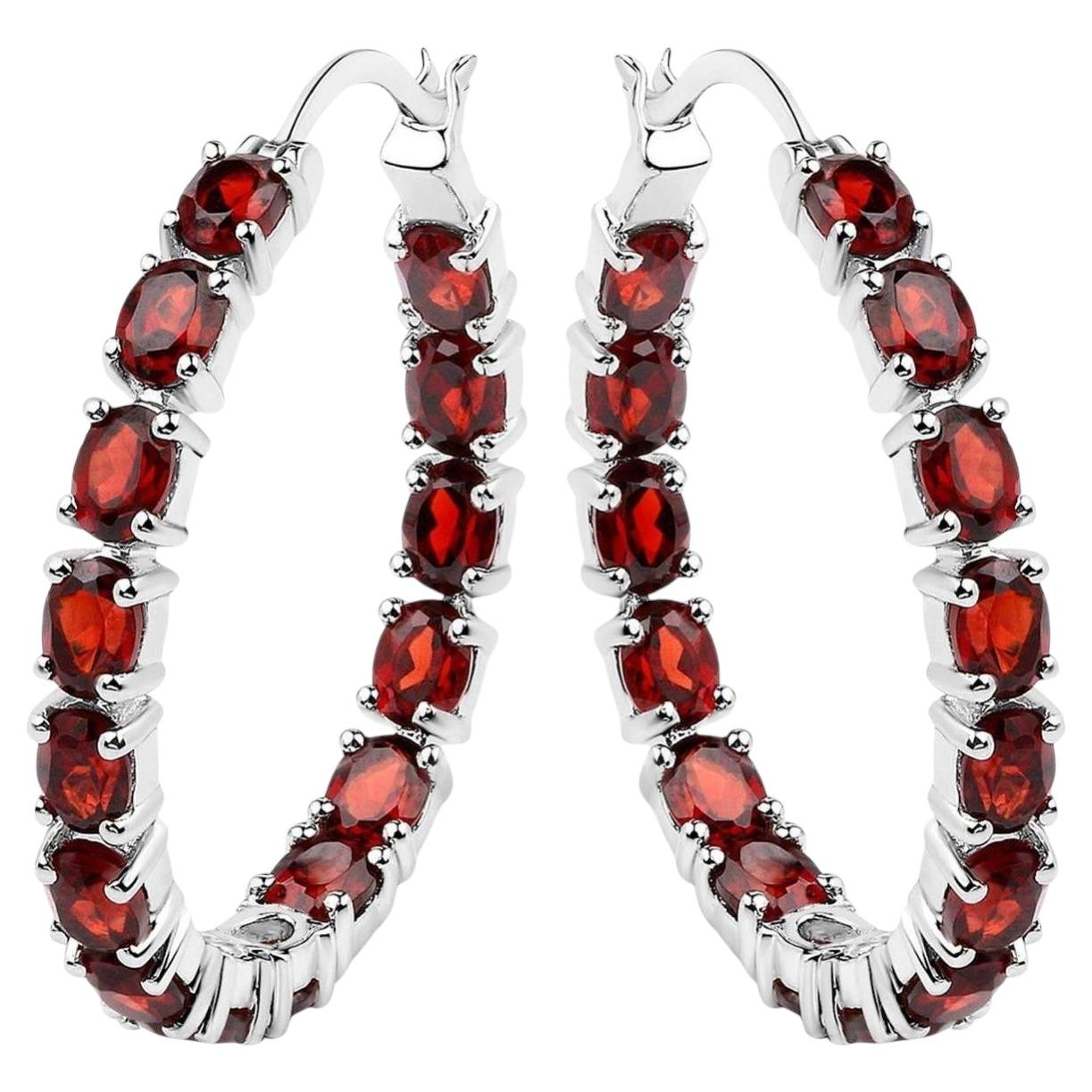 Garnet Hoop Earrings 5.98 Carats Sterling Silver