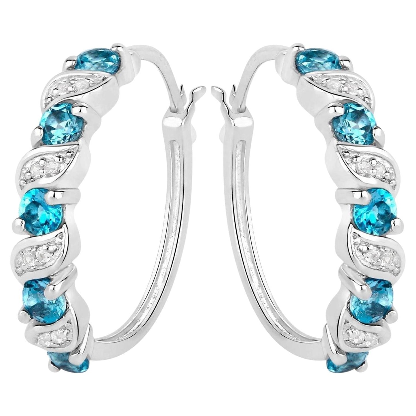 London Blue Topaz Hoop Earrings With White Topaz 1.44 Carats Sterling Silver