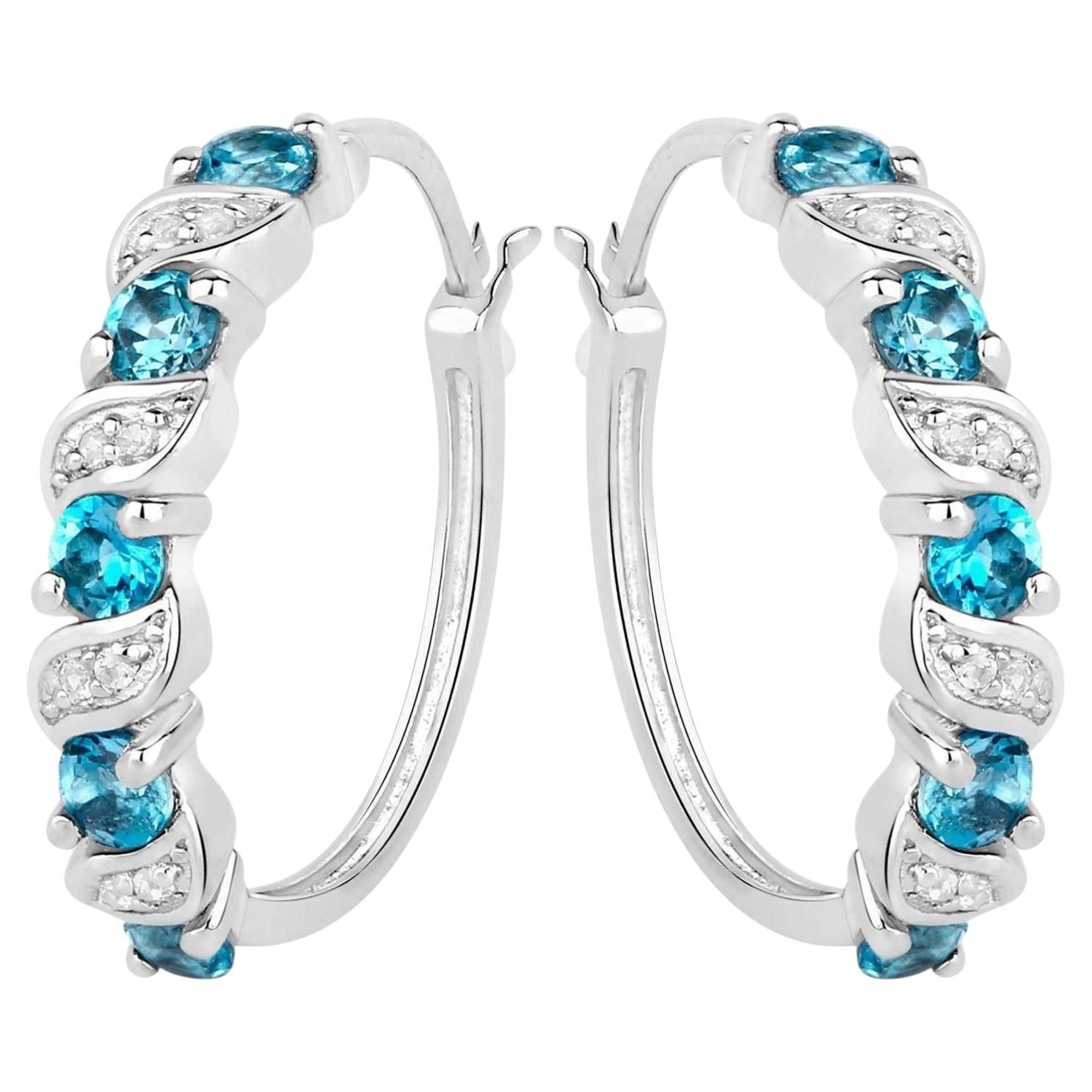 London Blue Topaz Hoop Earrings With White Topaz 1.44 Carats Sterling Silver