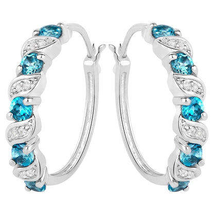 London Blue Topaz Hoop Earrings With White Topaz 1.44 Carats Sterling Silver