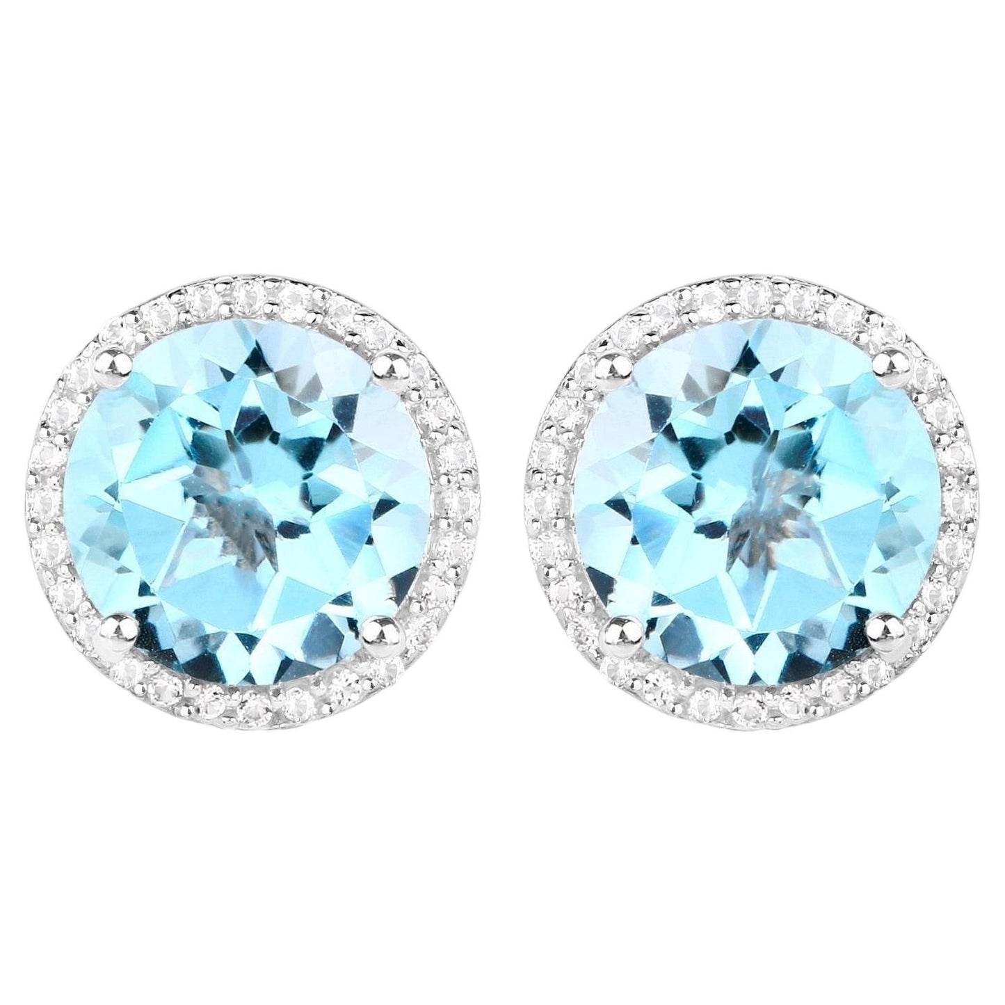 Blue Topaz Stud Earrings With White Topaz 7.74 Carats Sterling Silver