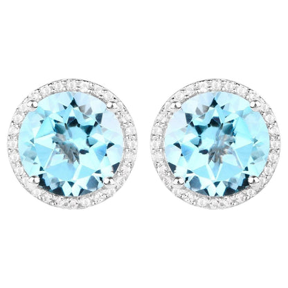 Blue Topaz Stud Earrings With White Topaz 7.74 Carats Sterling Silver