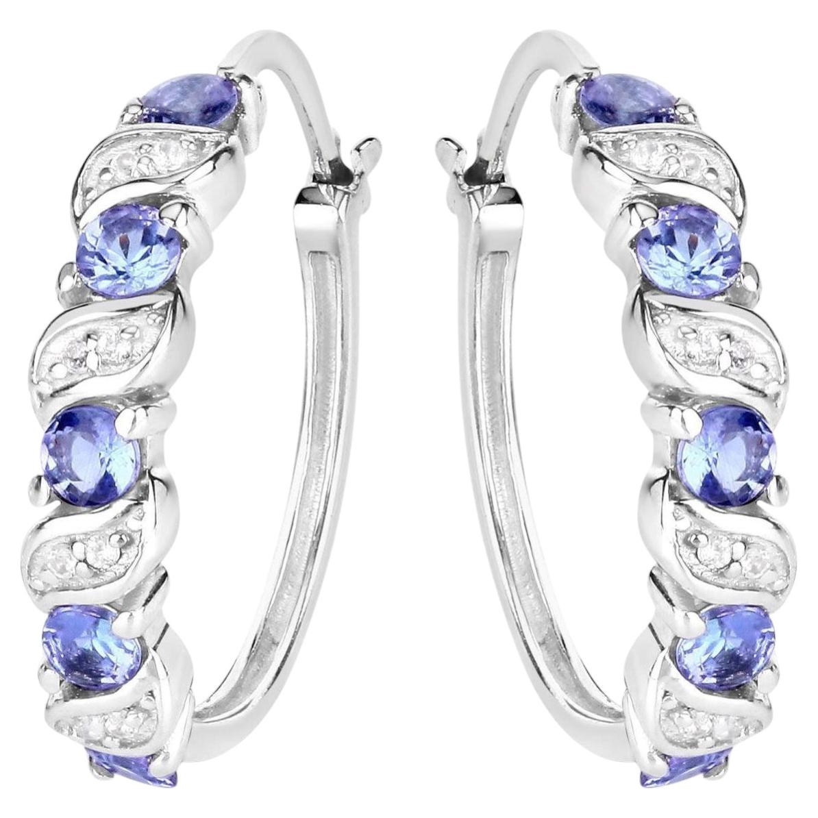 Tanzanite Hoop Earrings With White Topaz 1.04 Carats Sterling Silver