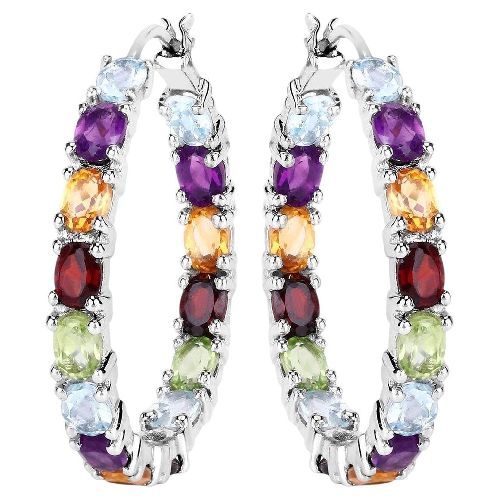 Natural Mixed Gemstones Hoop Earrings 5.34 Carats Sterling Silver