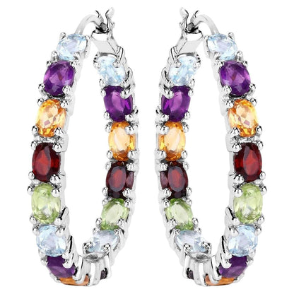 Natural Mixed Gemstones Hoop Earrings 5.34 Carats Sterling Silver