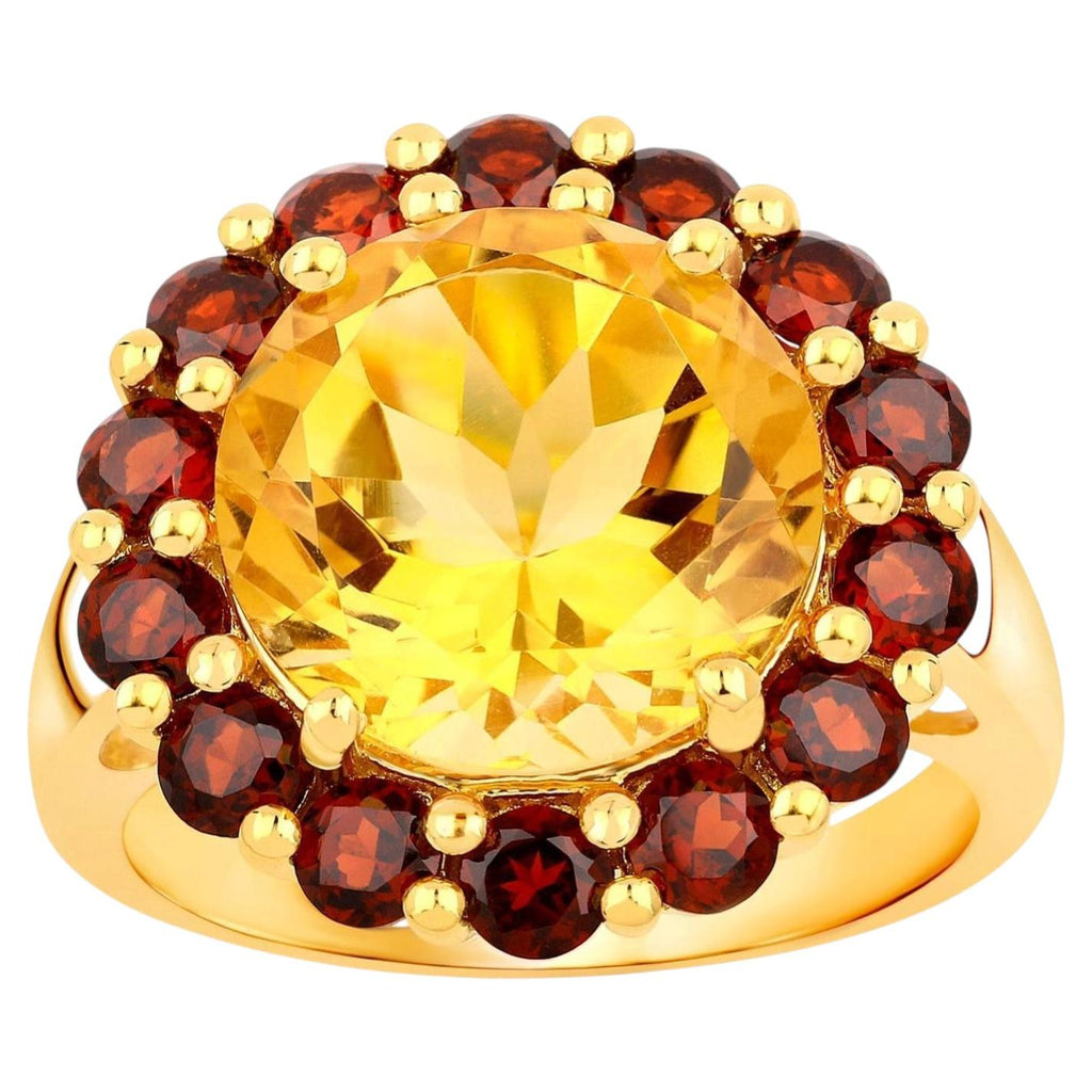 Citrine Ring With Garnet 7.24 Carats Gold Plated Silver