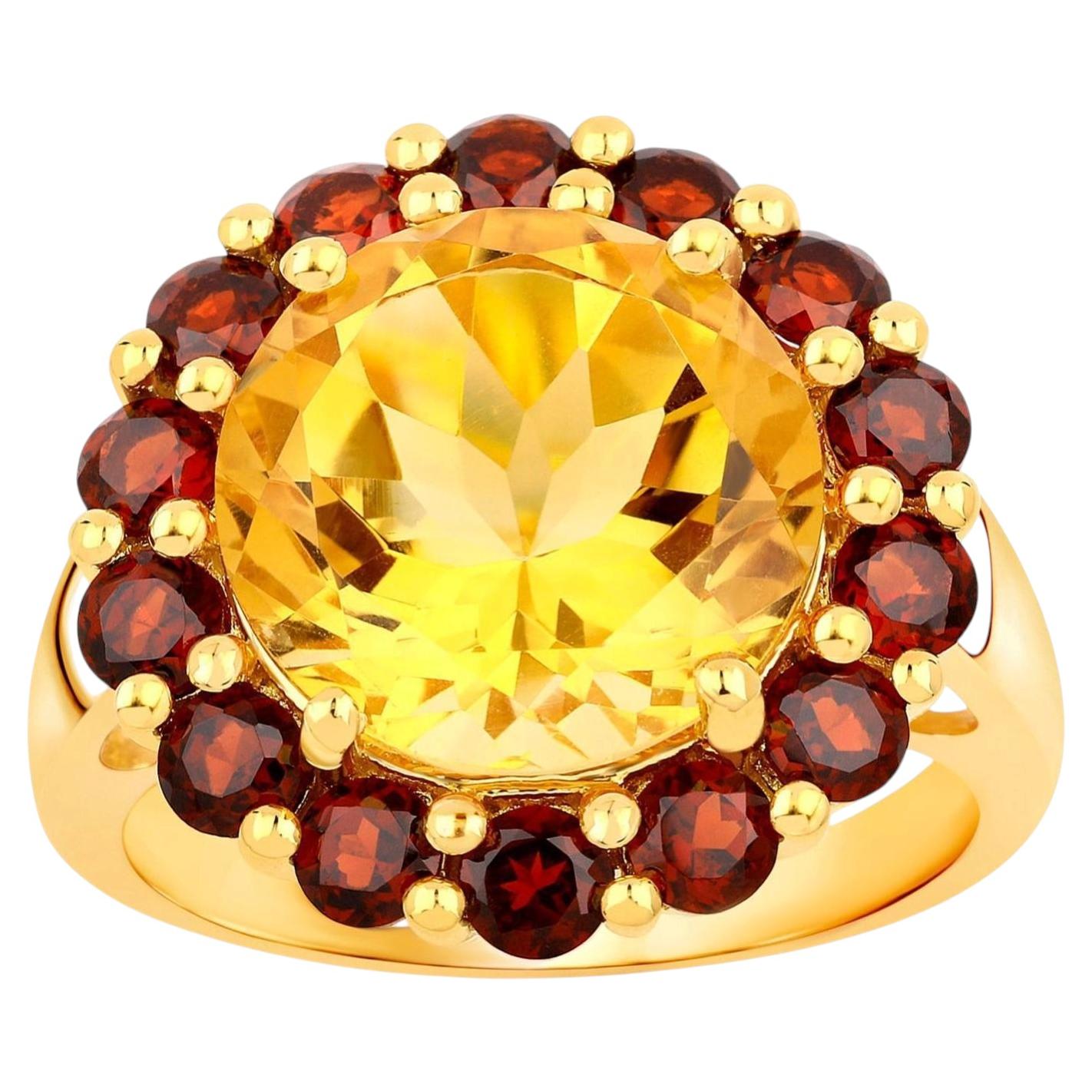 Citrine Ring With Garnet 7.24 Carats Gold Plated Silver