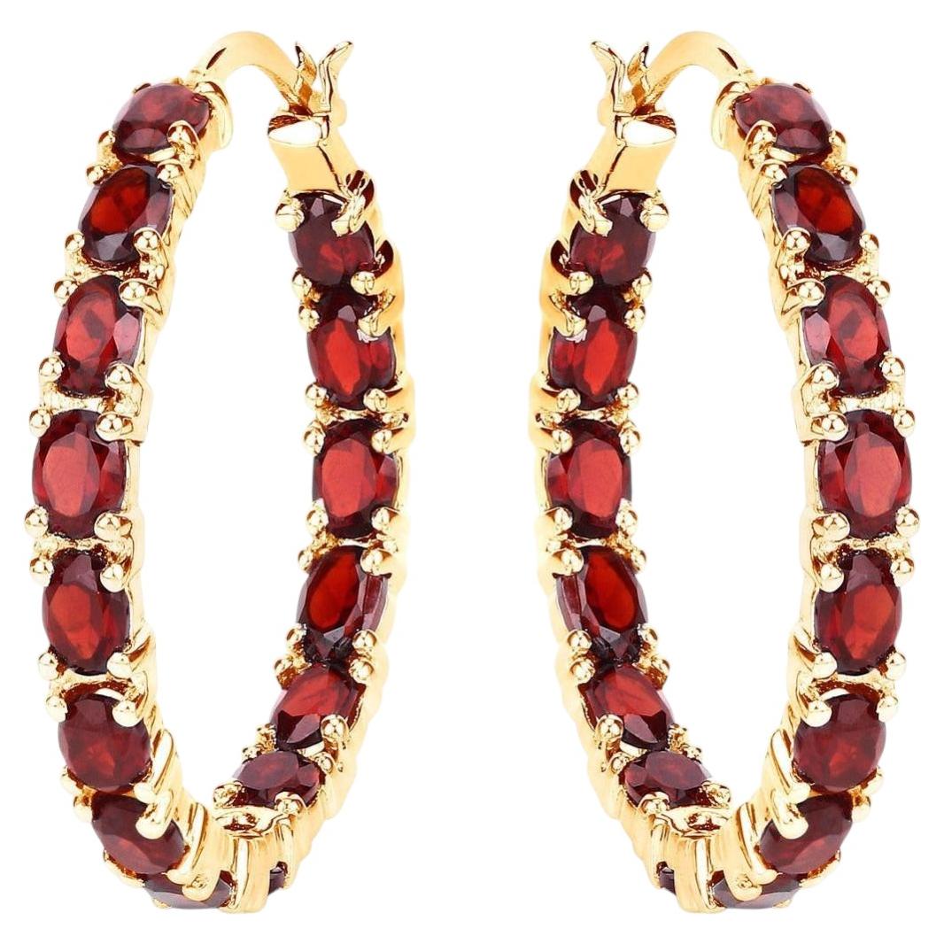 Garnet Hoop Earrings 5.98 Carats Gold Plated Silver