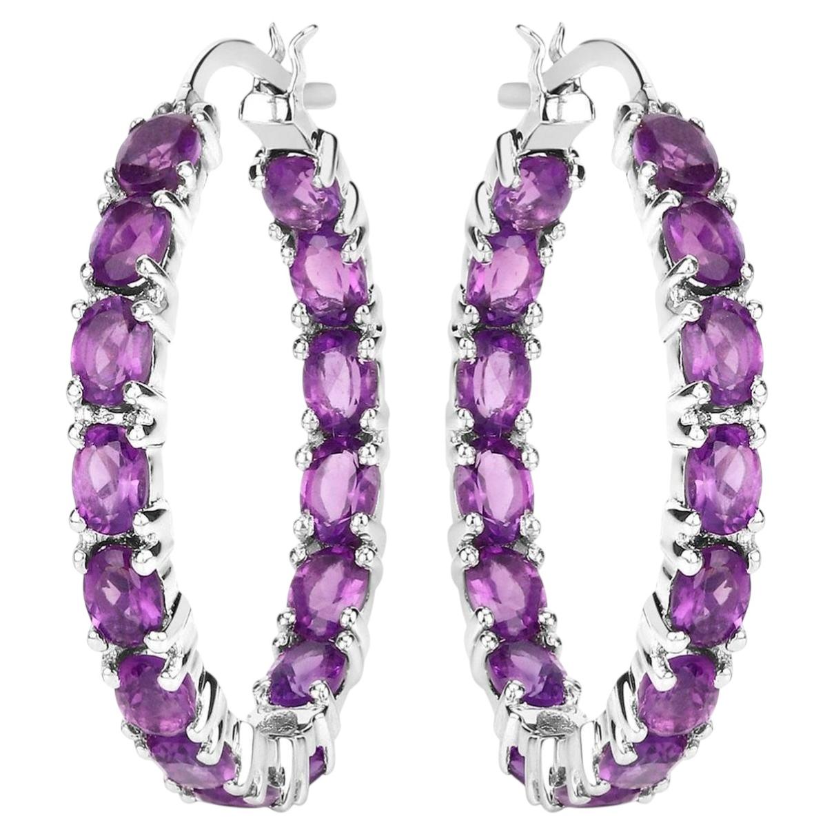 Amethyst Hoop Earrings 4.78 Carats Sterling Silver