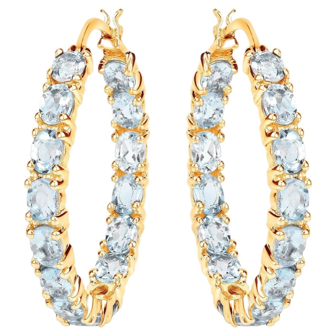 Blue Topaz Hoop Earrings 5.68 Carats Gold Plated Silver
