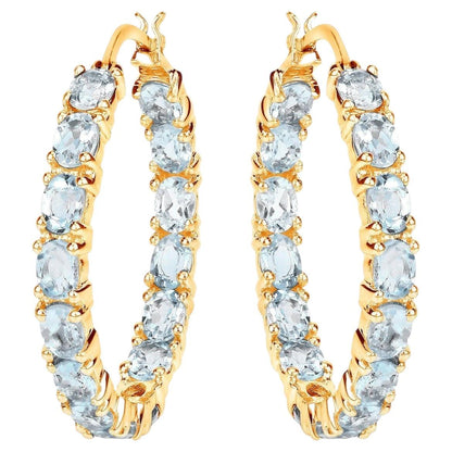 Blue Topaz Hoop Earrings 5.68 Carats Gold Plated Silver