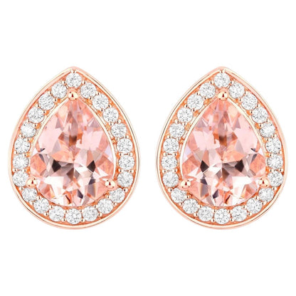 Morganite Stud Earrings With Diamonds 2.02 Carats 14K Rose Gold