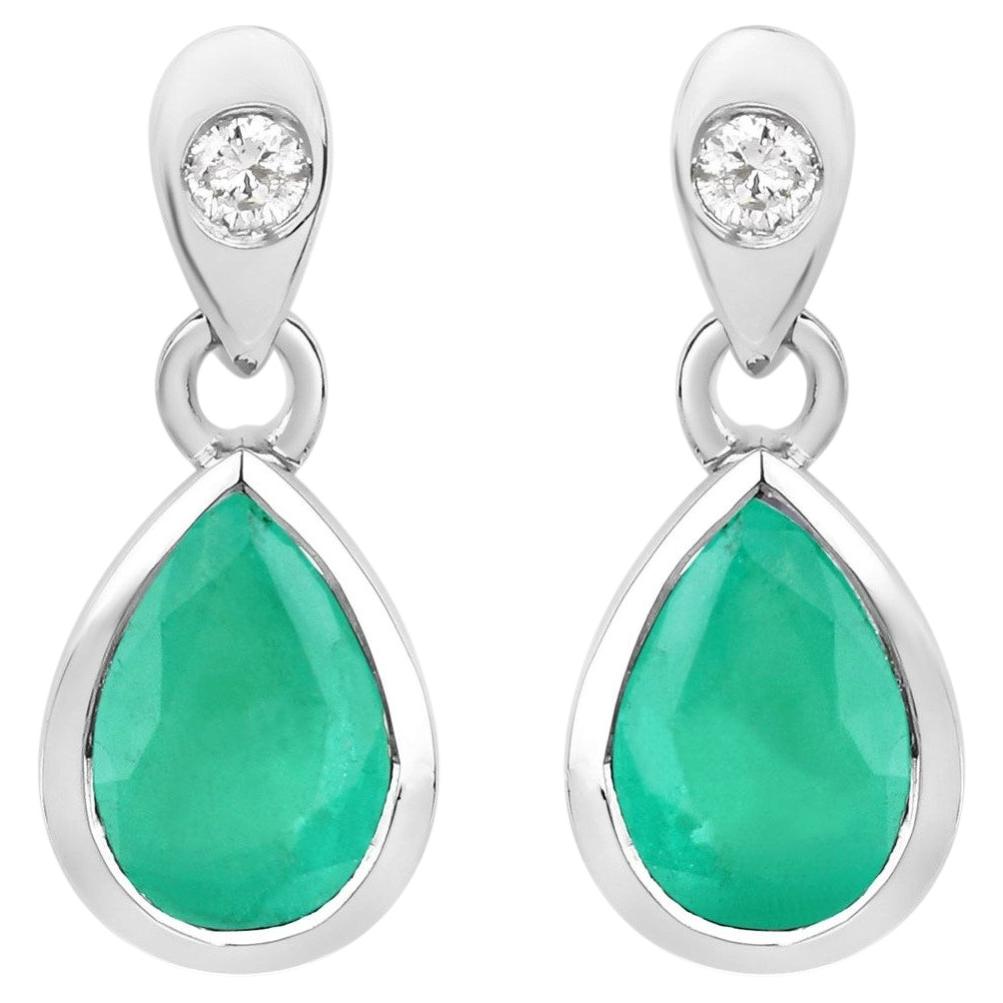 Zambian Emerald Earrings With Diamonds 1.32 Carats 10K White Gold