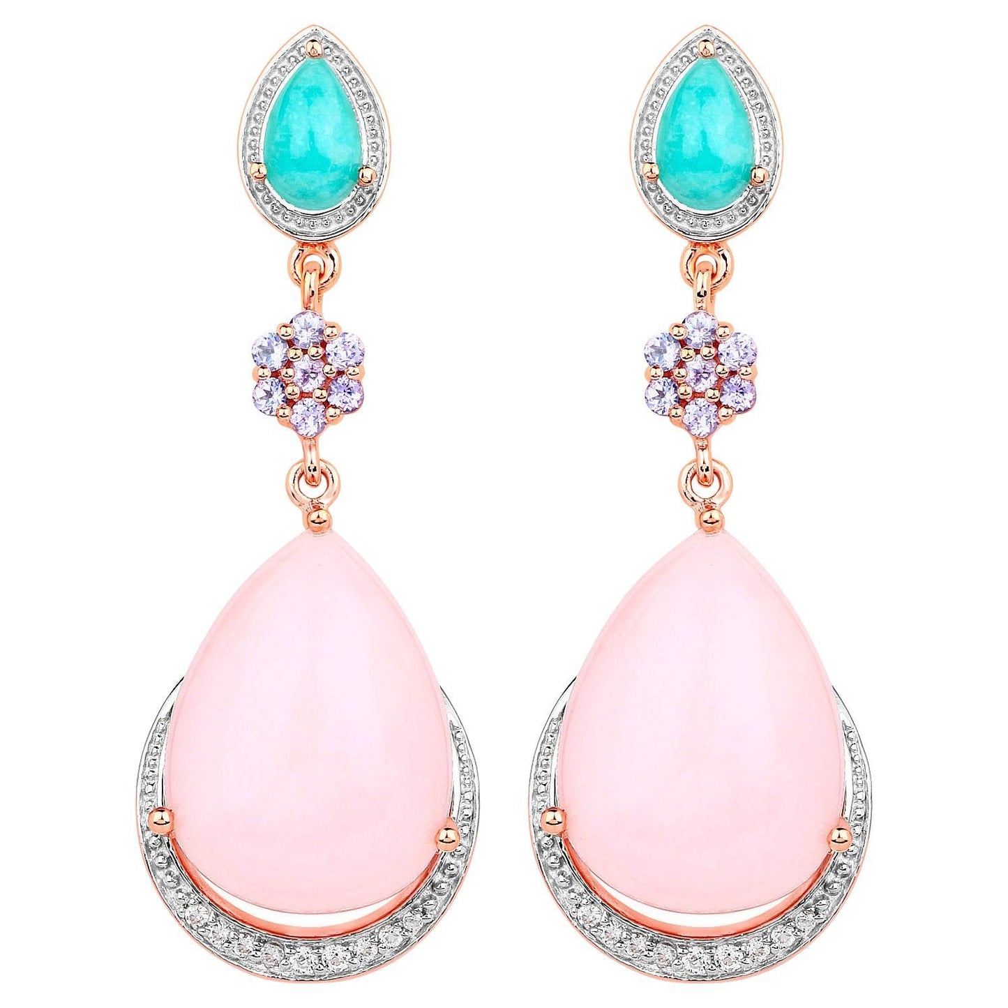 Pink Opal Dangle Earrings Amazonite Tanzanite 18K Rose Gold Plated Silver