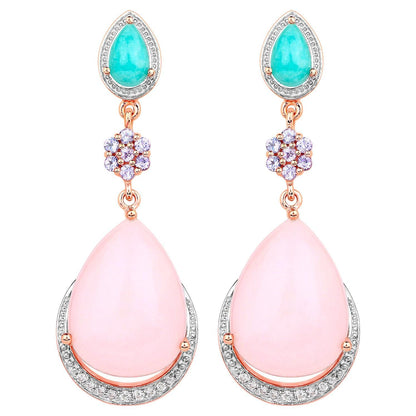 Pink Opal Dangle Earrings Amazonite Tanzanite 18K Rose Gold Plated Silver