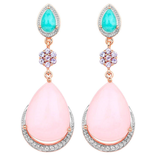 Pink Opal Dangle Earrings Amazonite Tanzanite 18K Rose Gold Plated Silver