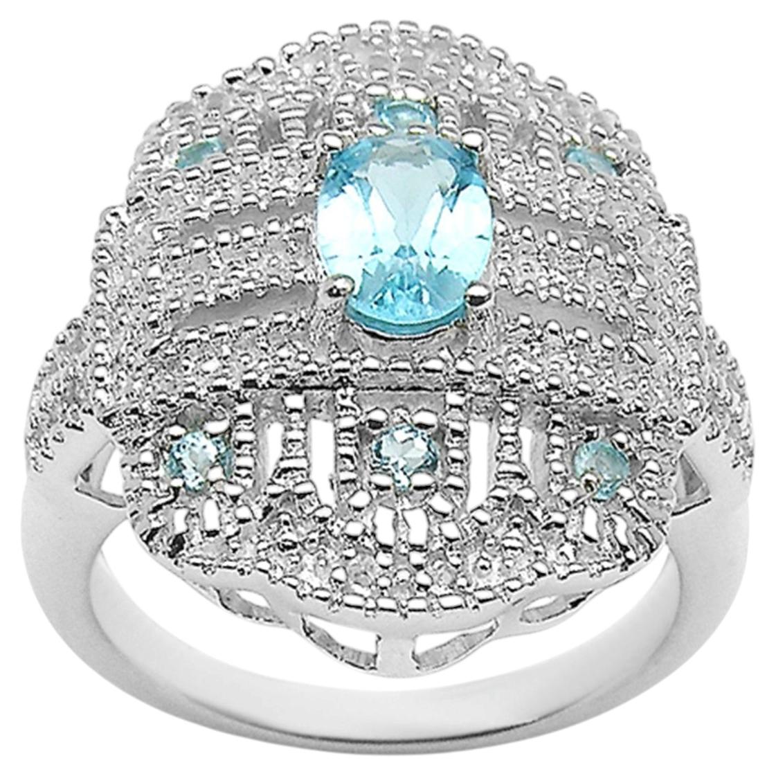 Swiss Blue Topaz Ring With White Topaz 1.06 Carats Sterling Silver