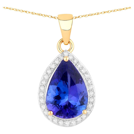 Tanzanite Pendant Necklace With Diamond Halo 3.2 Carats Total 14K Gold