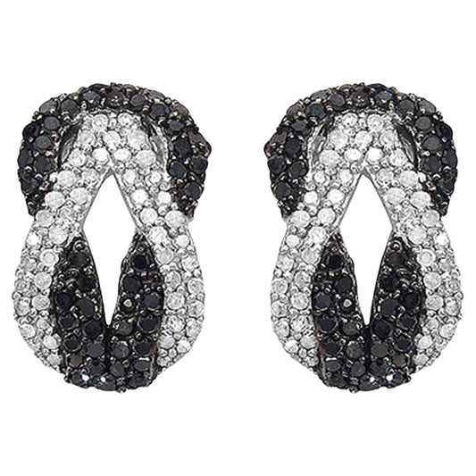 Infinity Knot Stud Earrings Black and White Diamonds Sterling Silver