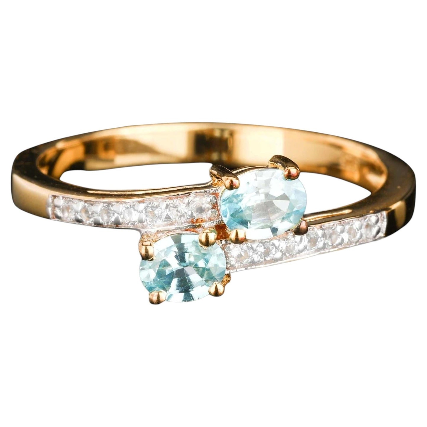 Natural Blue Zircon Ring With White Topaz 1.24 Carats Gold Plated Silver