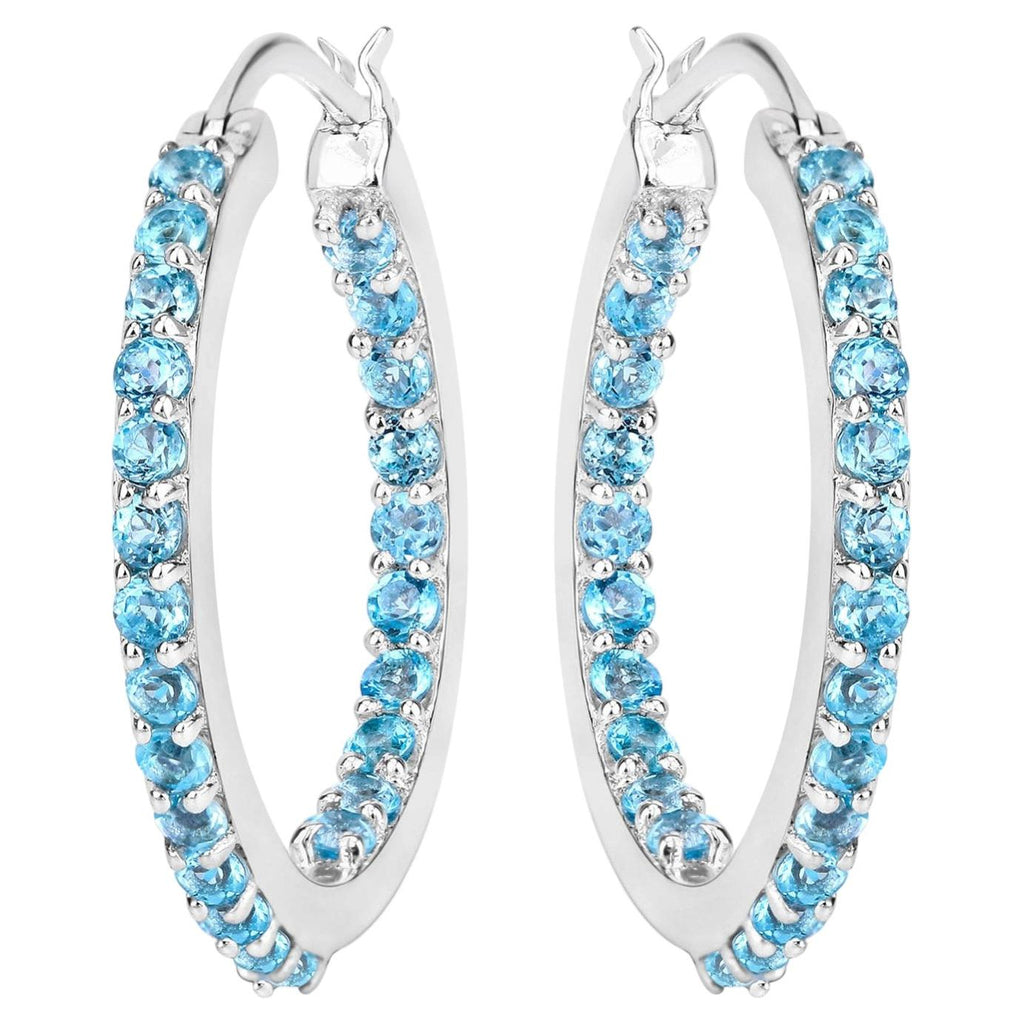 Swiss Blue Topaz Hoop Earrings 1.72 Carats Sterling Silver