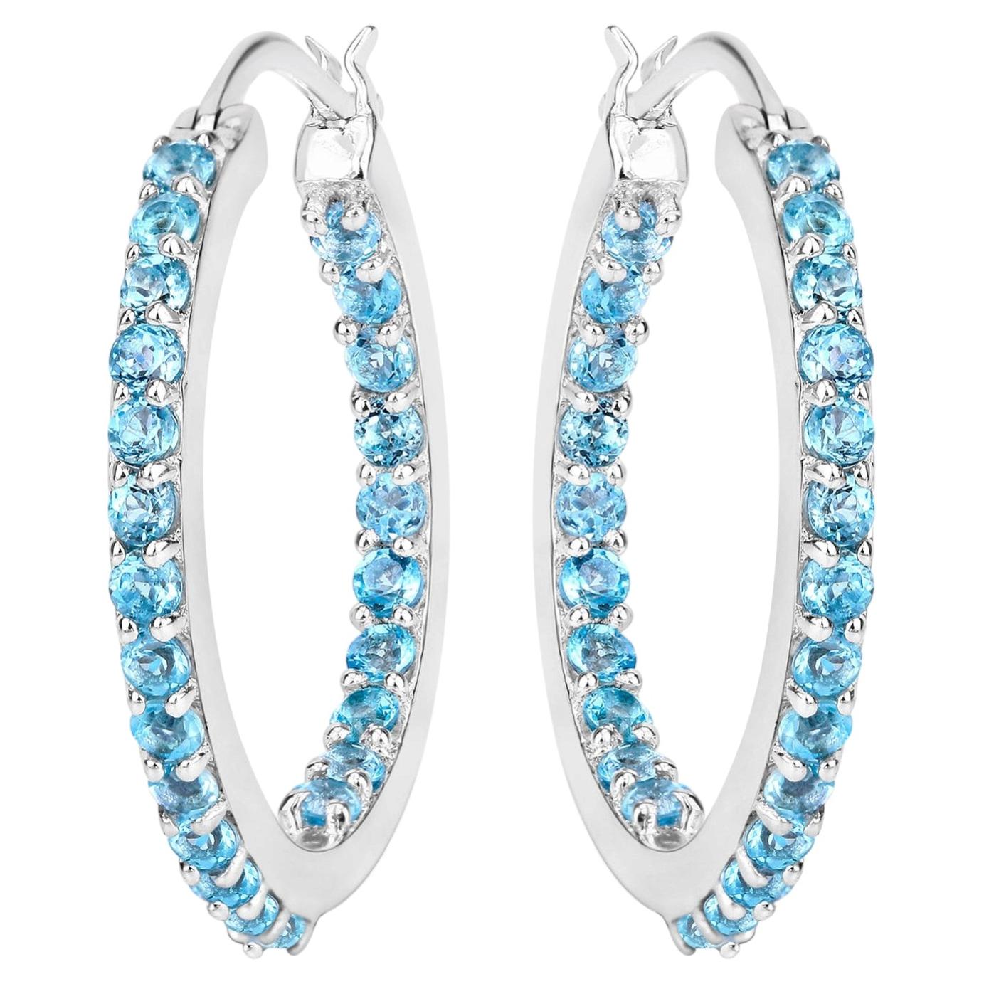 Swiss Blue Topaz Hoop Earrings 1.72 Carats Sterling Silver