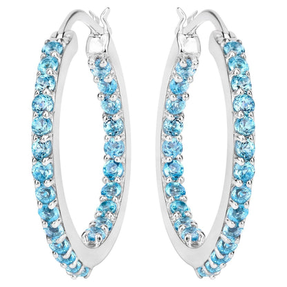 Swiss Blue Topaz Hoop Earrings 1.72 Carats Sterling Silver