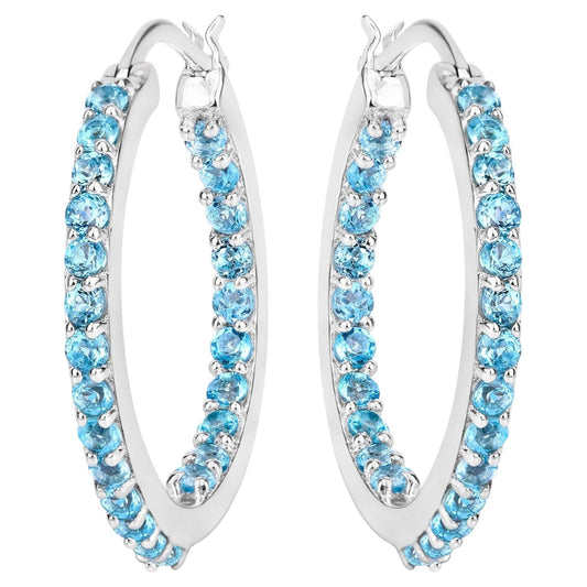Swiss Blue Topaz Hoop Earrings 1.72 Carats Sterling Silver