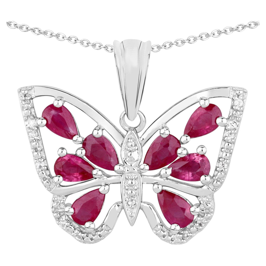 Ruby Butterfly Pendant With White Zircon 2.03 Carats Sterling Silver