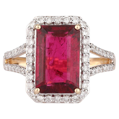 Natural Rubellite Ring With Diamonds 5.32 Carats 9K Yellow Gold