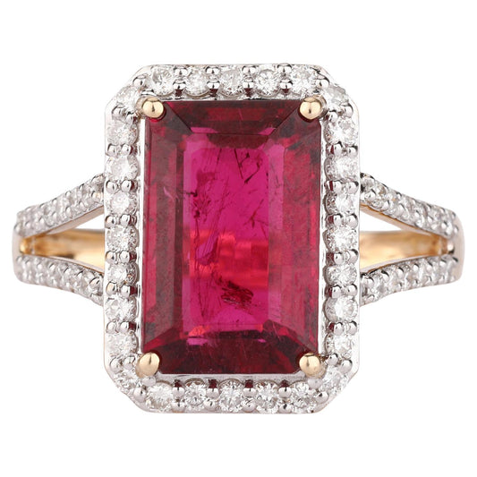 Natural Rubellite Ring With Diamonds 5.32 Carats 9K Yellow Gold