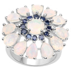 Ethiopian Opal Flower Ring With Blue Sapphire 3.92 Carats Sterling Silver