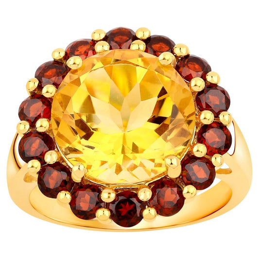 Citrine Ring with Garnets 7.26 Carats 18K Yellow Gold Plated Silver
