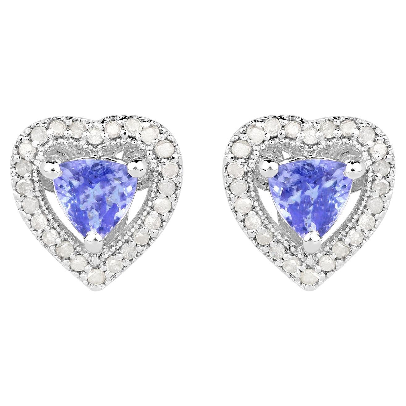 Natural Tanzanite Heart Earrings With Diamonds 1.16 Carats Sterling Silver