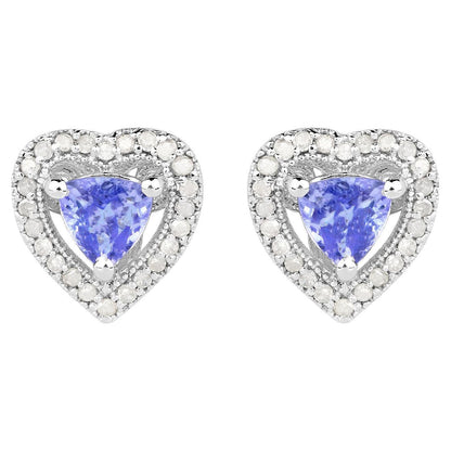 Natural Tanzanite Heart Earrings With Diamonds 1.16 Carats Sterling Silver