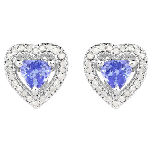 Natural Tanzanite Heart Earrings With Diamonds 1.16 Carats Sterling Silver