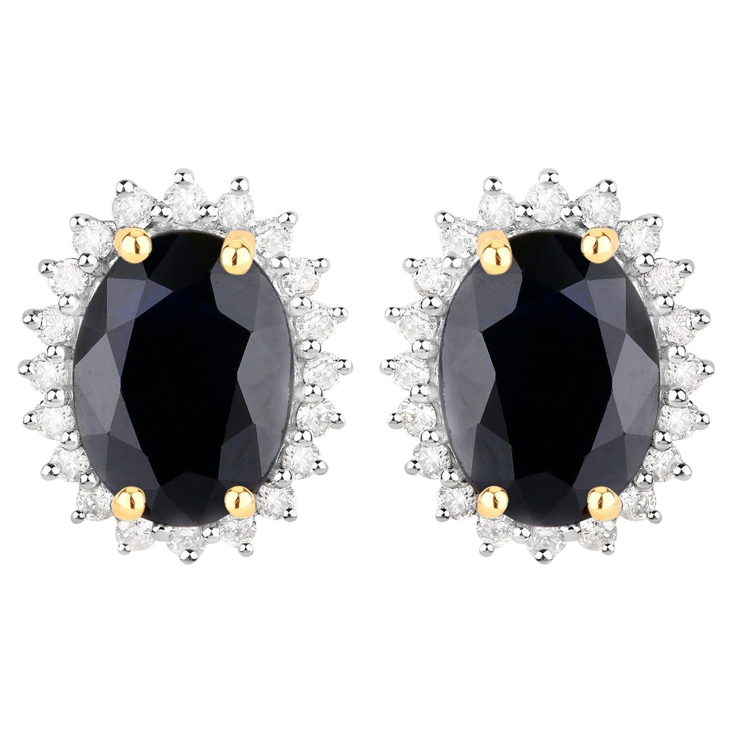 Deep Blue Sapphire Earrings Diamonds 3.3 Carats 14K Yellow Gold