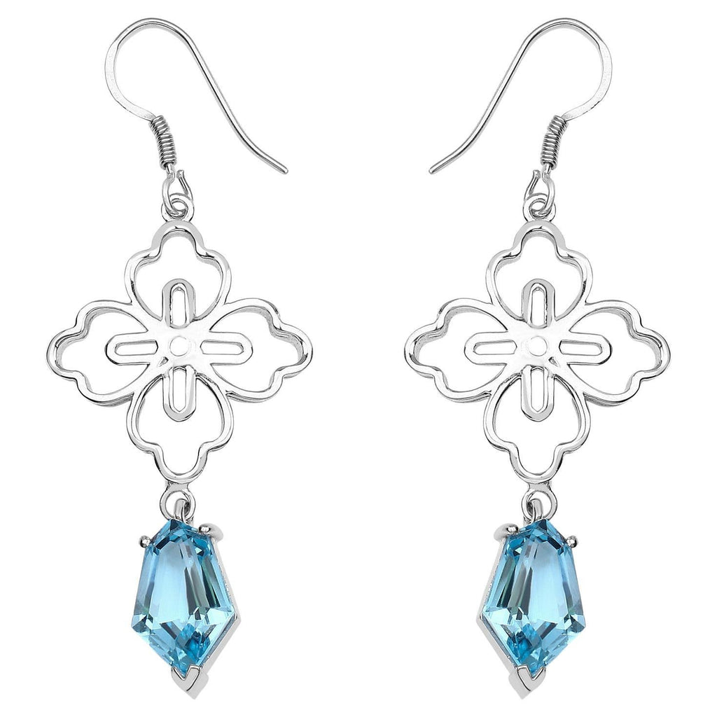 Swiss Blue Topaz Dangle Earrings 12.8 Carats Rhodium Plated Silver