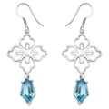 Swiss Blue Topaz Dangle Earrings 12.8 Carats Rhodium Plated Silver