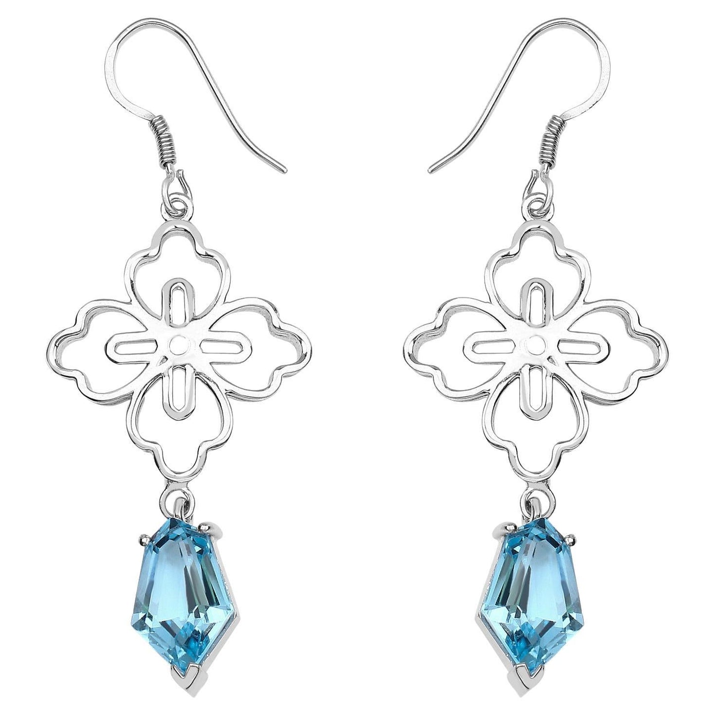 Swiss Blue Topaz Dangle Earrings 12.8 Carats Rhodium Plated Silver