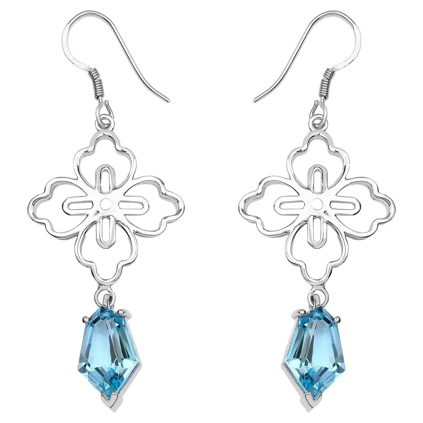 Swiss Blue Topaz Dangle Earrings 12.8 Carats Rhodium Plated Silver
