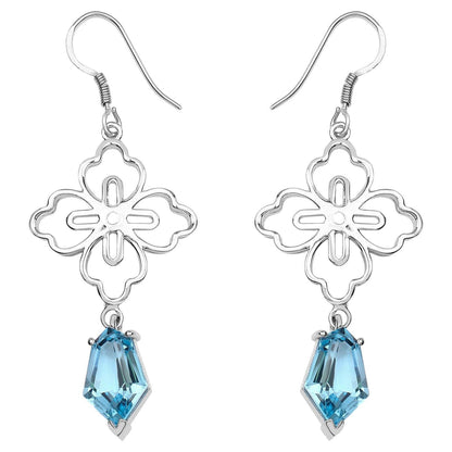 Swiss Blue Topaz Dangle Earrings 12.8 Carats Rhodium Plated Silver