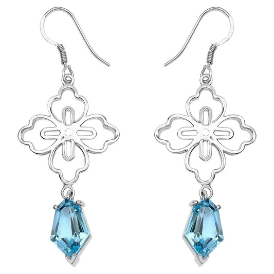 Swiss Blue Topaz Dangle Earrings 12.8 Carats Rhodium Plated Silver