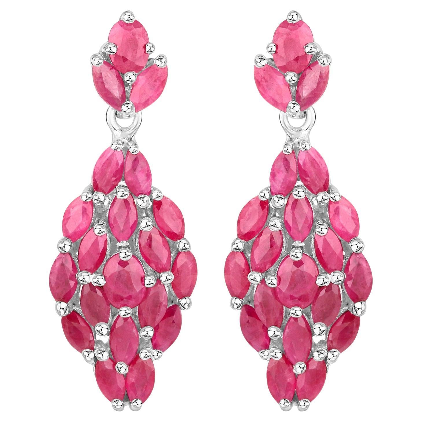 Ruby Dangle Earrings 4.1 Carats Rhodium Plated Silver