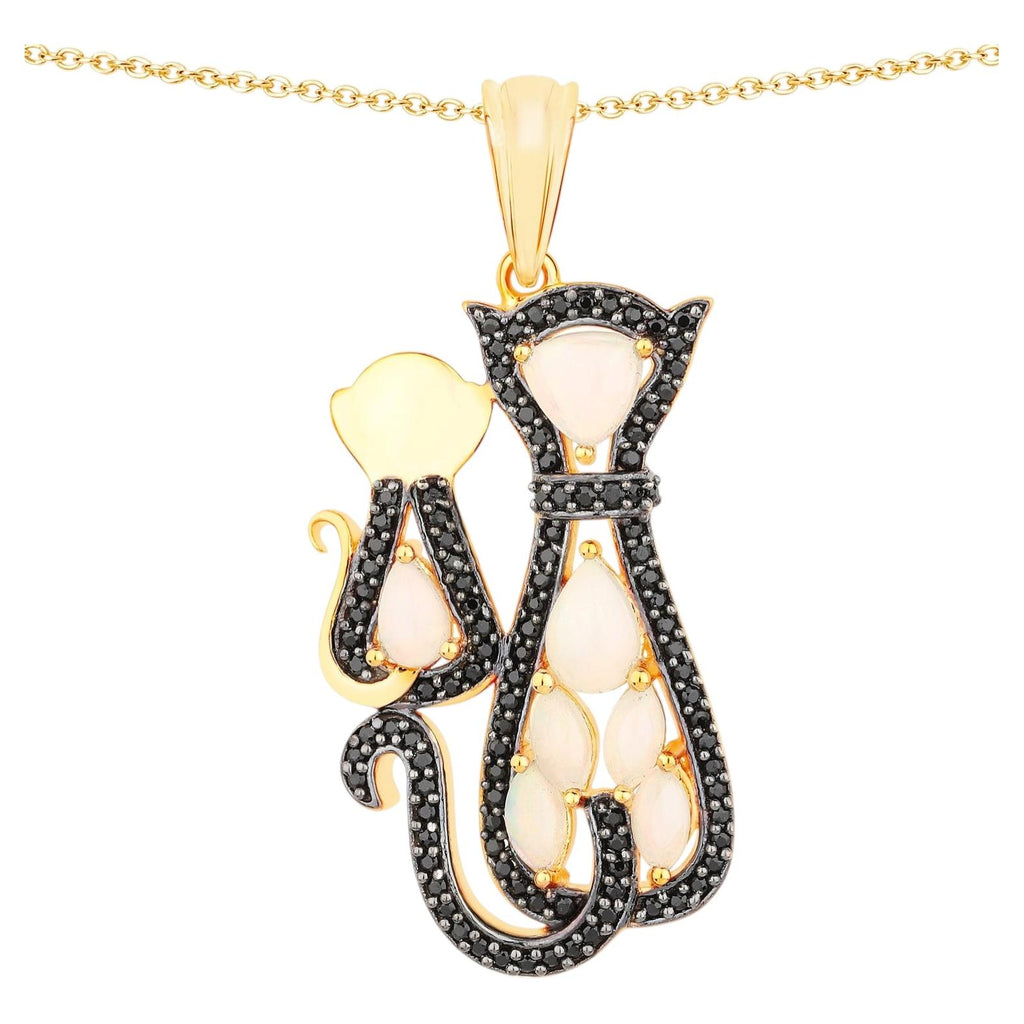 Ethiopian Opal Cat Pendant With Black Spinel 1.82 Carats Gold Plated Silver
