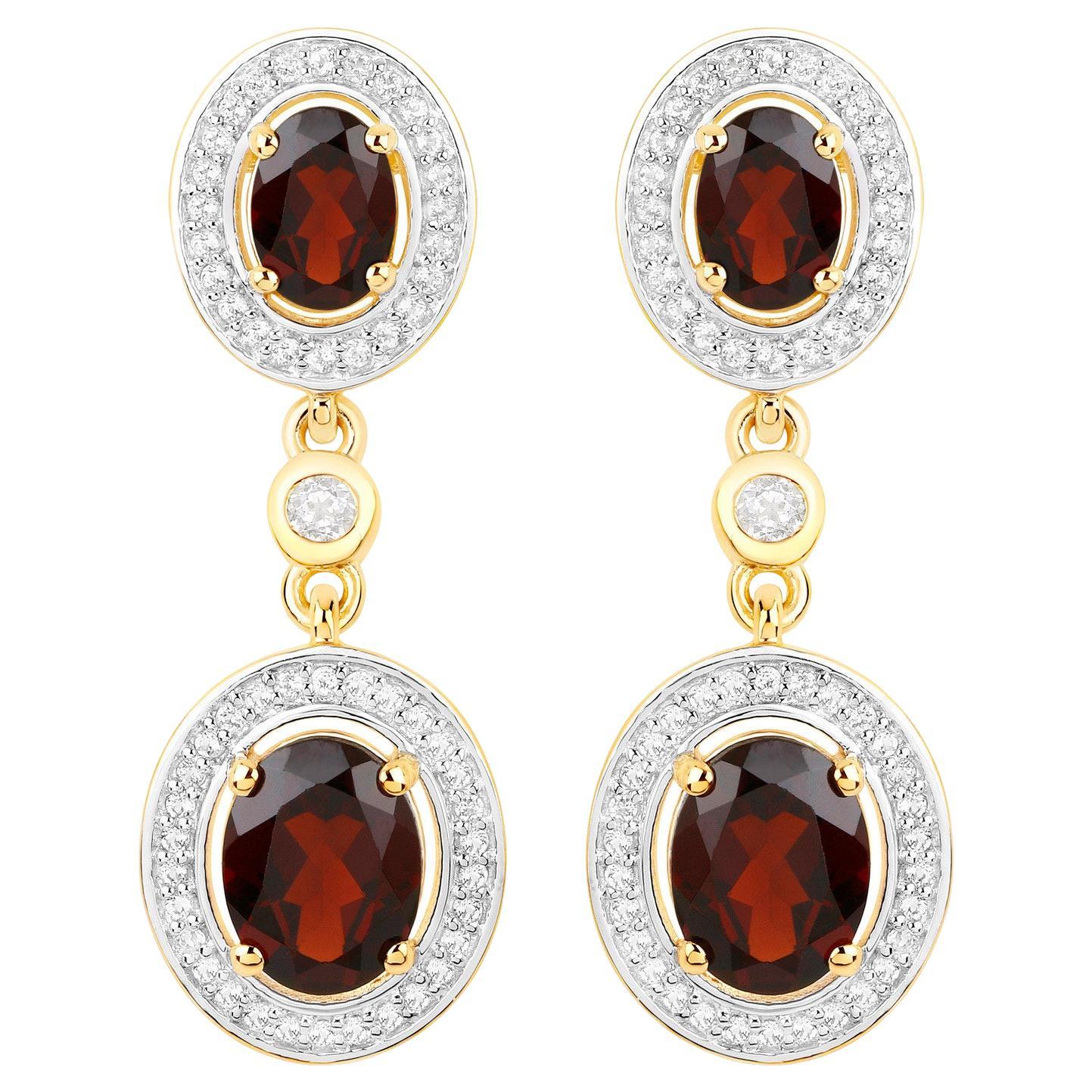 Garnet Earrings With White Topaz 6.32 Carats Gold Plated Silver