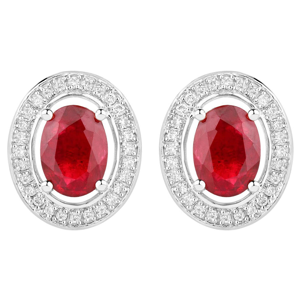 Ruby Stud Earrings Halo Diamonds 2.1 Carats 14K White Gold