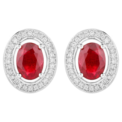 Ruby Stud Earrings Halo Diamonds 2.1 Carats 14K White Gold